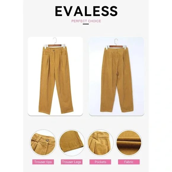 Khaki High Waisted Straight Leg Pants Casual Corduroy Pants Vintage Trousers - Picture 3 of 10